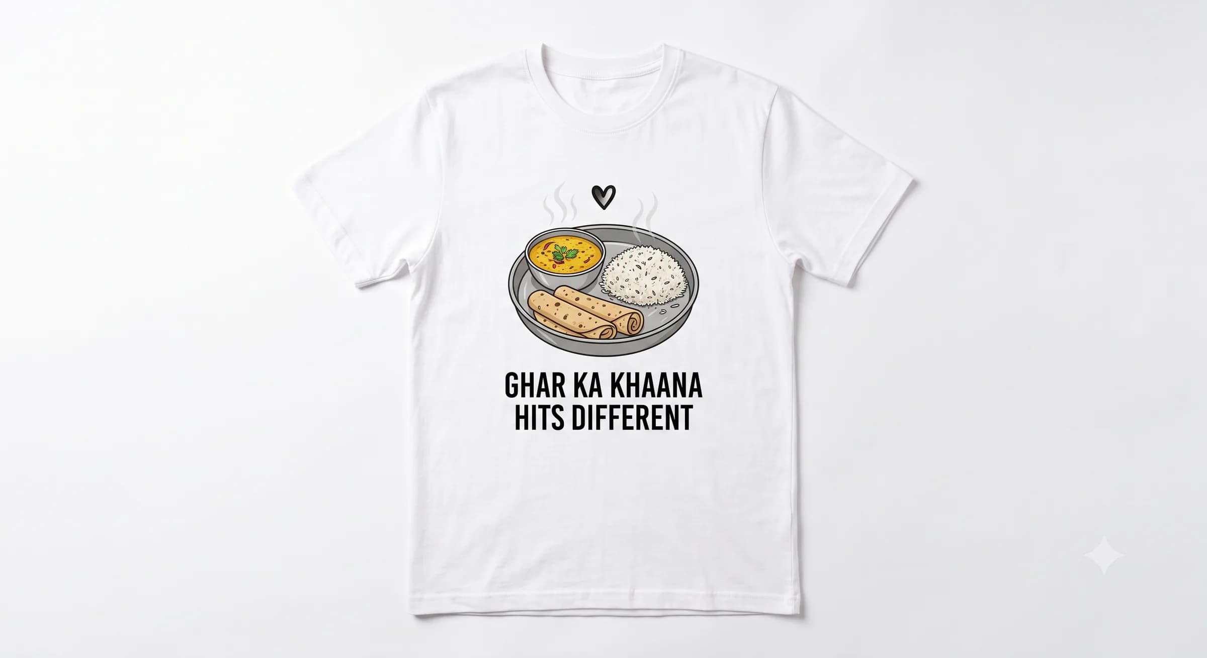 Ghar Ka Khaana Hits Different — White — On T-Shirt (real)