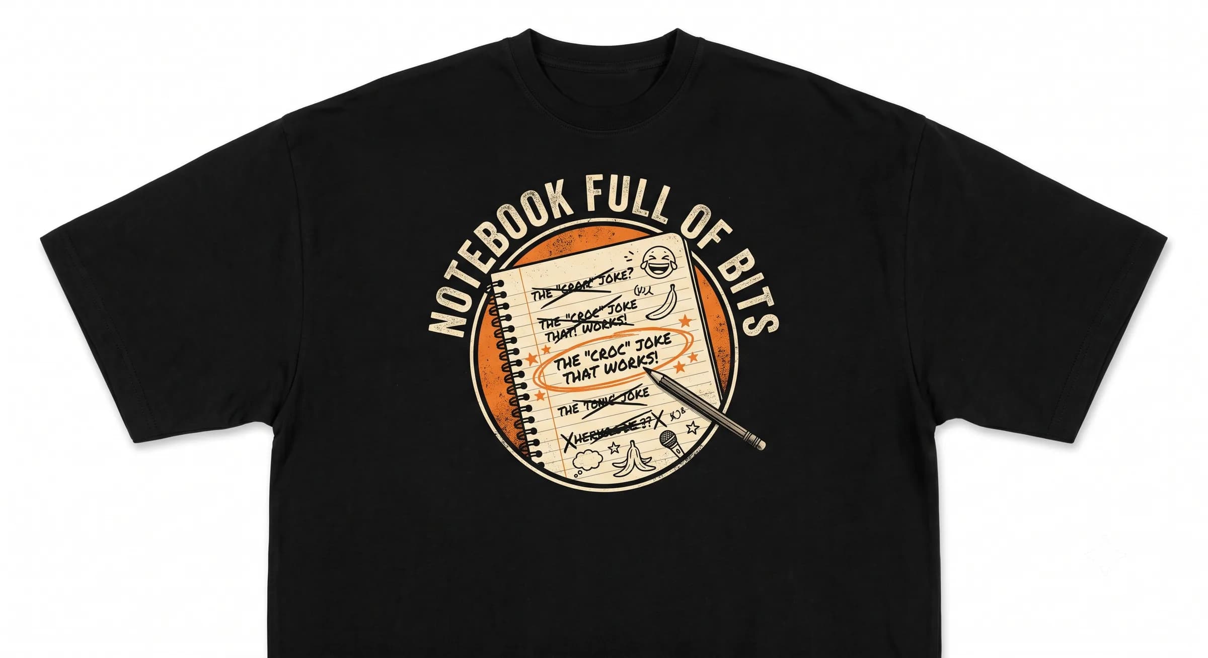 Notebook Full Of Bits — Black — On T-Shirt (real)