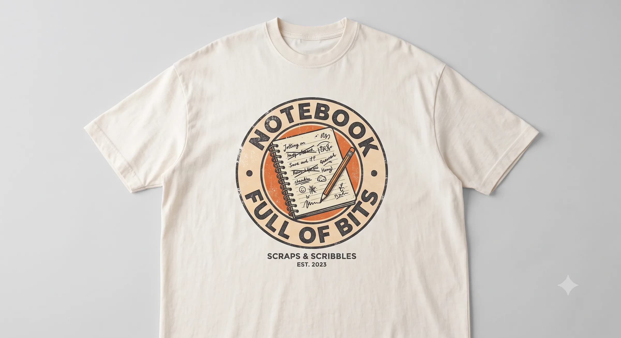 Notebook Full Of Bits — White — On T-Shirt (real)